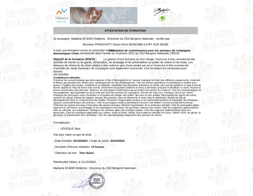 Gianni Franchitti Les Chiens de la Vallée, certificat ACACED Gianni Franchitti Les Chiens de la Vallée, certificat ACACED