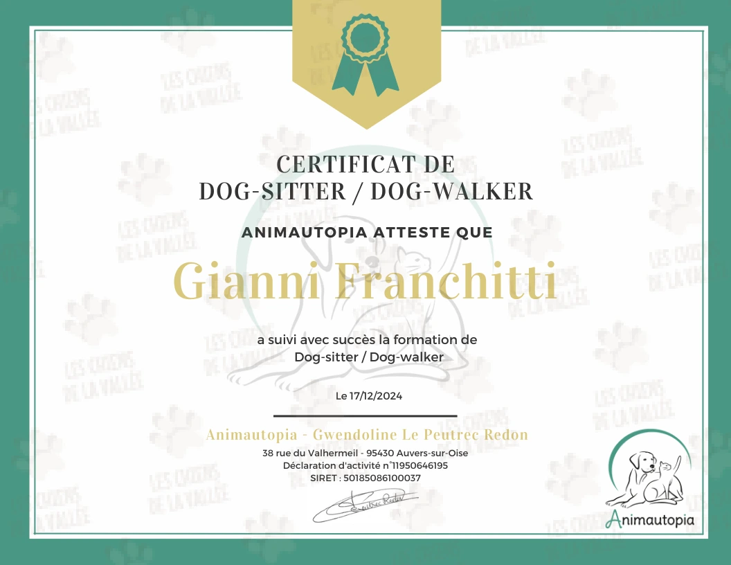 Gianni Franchitti Les Chiens de la Vallée, certificat Dog Sitter Dog Walker Gianni Franchitti Les Chiens de la Vallée, certificat Dog Sitter Dog Walker
